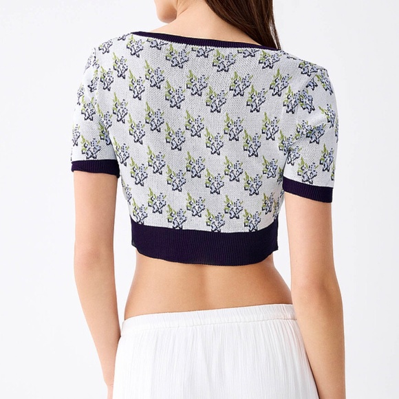 Off white and blue flowers jacquard short sleeves cardigan made in Italy NWT - Picture 2 of 8